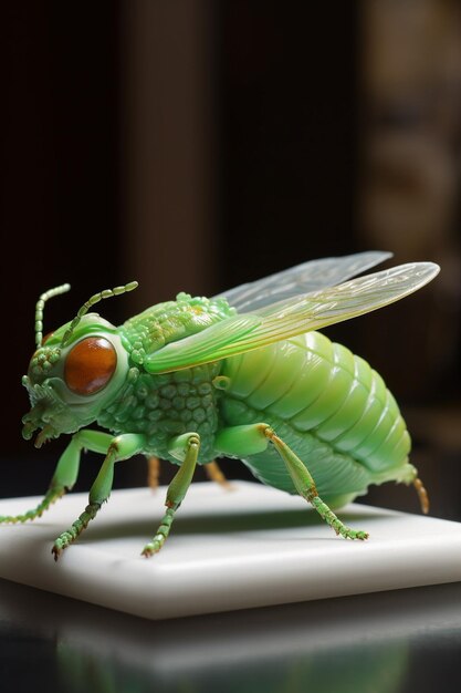 Um inseto verde com um grande olho vermelho fica em uma caixa branca.