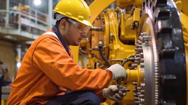 Um inspetor mecânico é retratado inspecionando uma bomba de óleo centrífuga tarefas de manutenção offshore para o setor de petróleo e gás GENERATE AI