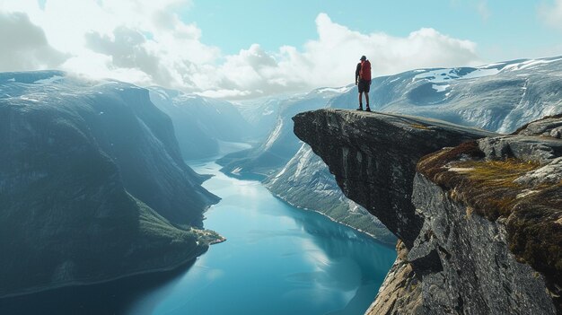 Foto um instantâneo aventureiro de um viajante caminhando até o majestoso penhasco de trolltunga, na noruega