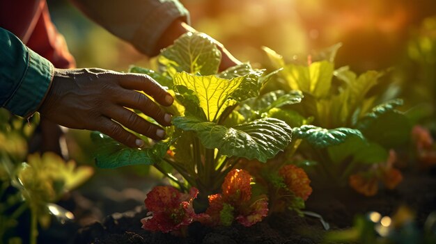 Foto um instantâneo de mãos de sustentabilidade cuidando de uma colheita de plantas exuberantes