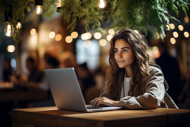 Um instantâneo de uma jovem usando seu laptop