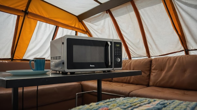 Foto um interior aconchegante e elegante de tenda glamping com confortos modernos