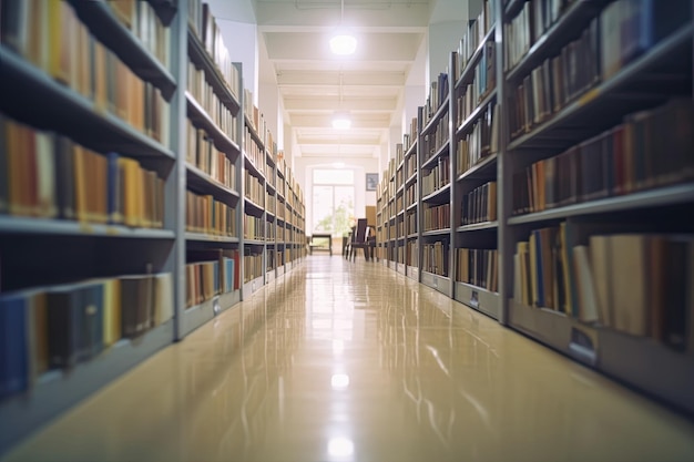 Um interior de biblioteca universitária desfocado, mas convidativo, perfeito para ambientes educacionais ou livrarias