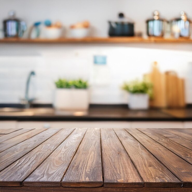 Foto um interior de cozinha com foco em uma mesa de madeira ou bancada em primeiro plano a mesa tem um natu