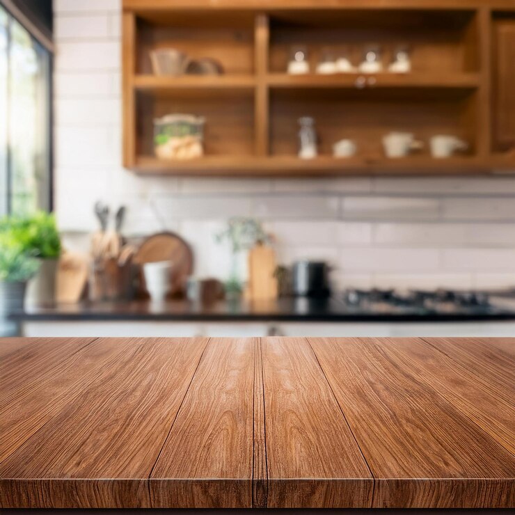 Foto um interior de cozinha com foco em uma mesa de madeira ou bancada em primeiro plano a mesa tem um natu