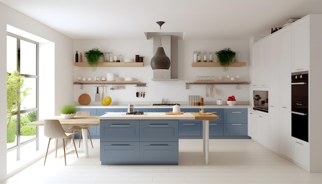 Um interior de cozinha elegante e moderno adornado com móveis