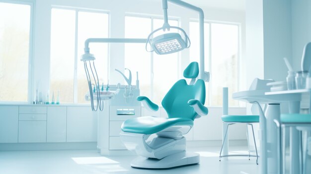 Um interior de escritório de dentista de design tecnológico moderno com janelas panorâmicas e cadeira azul Ai generativa