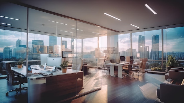 Um interior de escritório moderno e claro, com janelas panorâmicas e uma bela iluminação