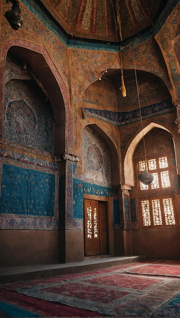 Um interior de mesquita vibrante e movimentado