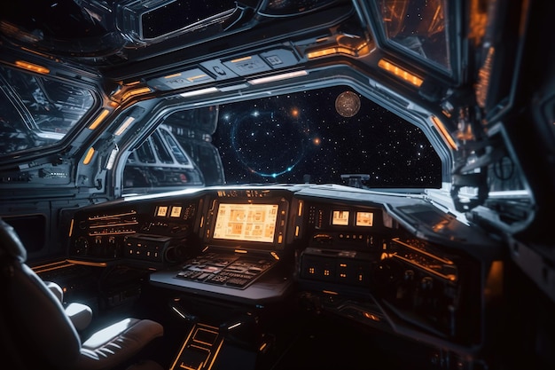 Um interior de nave espacial com vista para um espaço