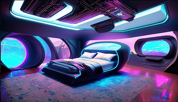 Um interior de quarto futurista holográfico inteligente moderno de alta tecnologia scifi cyberpunk decoração de casa 3D