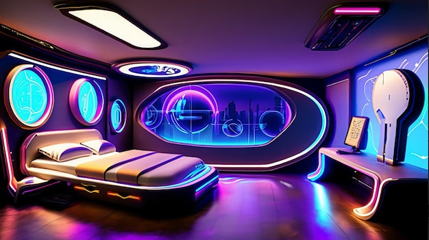 Um interior de quarto futurista holográfico inteligente moderno de alta tecnologia scifi cyberpunk decoração de casa 3D
