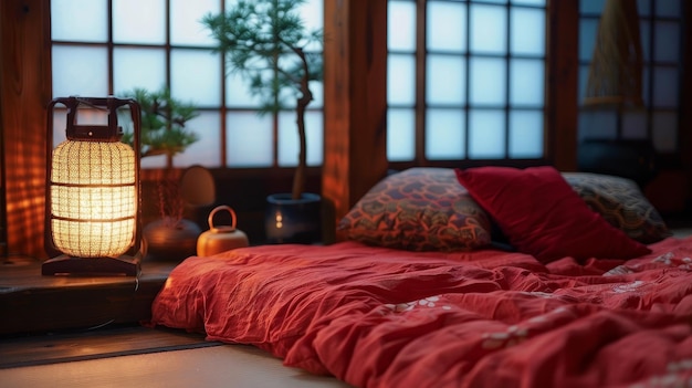 Um interior de quarto japonês com uma cama de madeira com almofadas um cobertor vermelho e uma lanterna