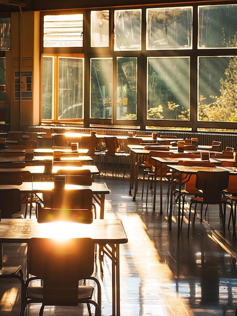 Foto um interior de sala de aula quente e convidativo com mesas e cadeiras banhadas num brilho dourado dos raios do sol que atravessam as janelas criando uma atmosfera aconchegante e inspiradora