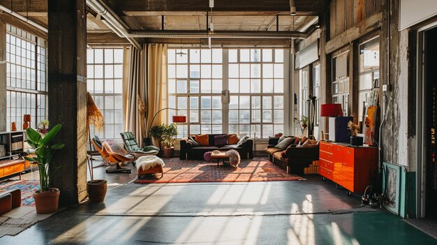 Foto um interior de um espaçoso loft industrial da cidade com um teto alto e grandes janelasgenerative ai