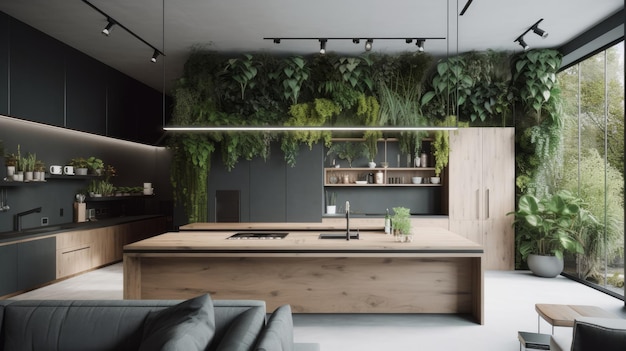 Um interior elegante e moderno com jardins verticais gerados por IA