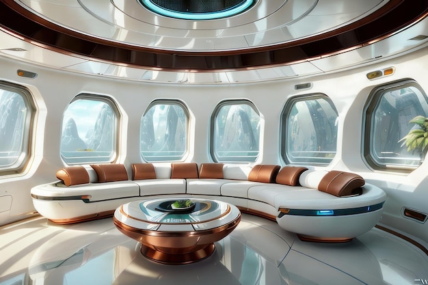 Um interior futurista de uma nave espacial com sofá e mesa de centro.
