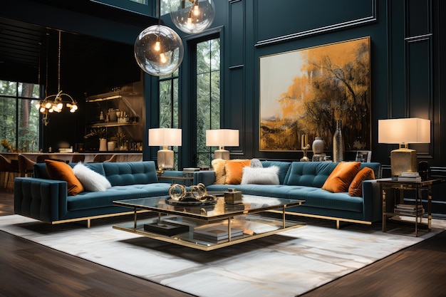 Um interior Hollywood Regency Glamoroso e ousado, este estilo apresenta materiais de luxo gerados por ai