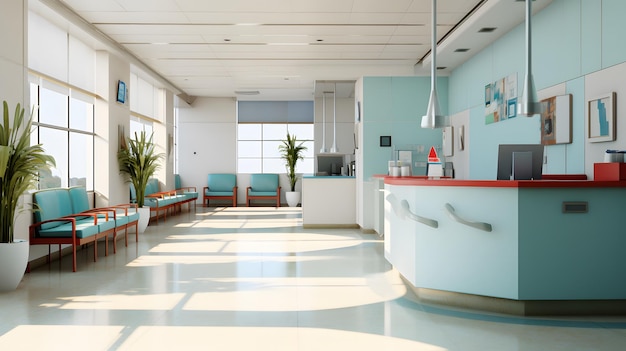 Foto um interior moderno de salas de emergência com uma estação de enfermagem abandonada