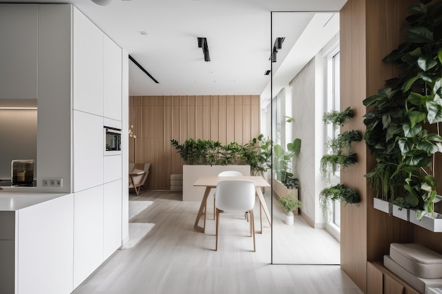 Um interior moderno e minimalista com vegetação e detalhes minimalistas