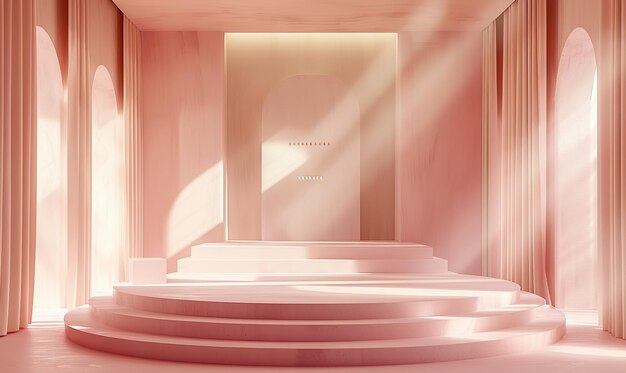 Foto um interior sereno de cor rosa com sombras de arcos e um vaso de flores em um pedestal gerar ia
