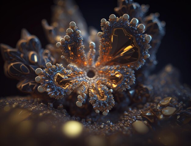 Um interminável fractal feito de cristais pretos e dourados, pedras preciosas naturais, tecnologia de IA generativa.