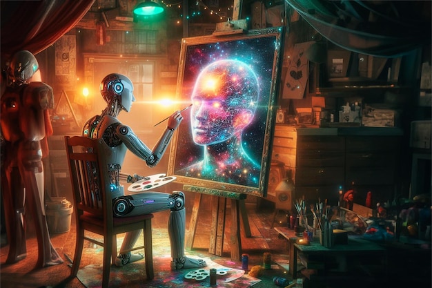 Um intrincado artista robô em um estúdio desordenado pintando um cosmos vibrante