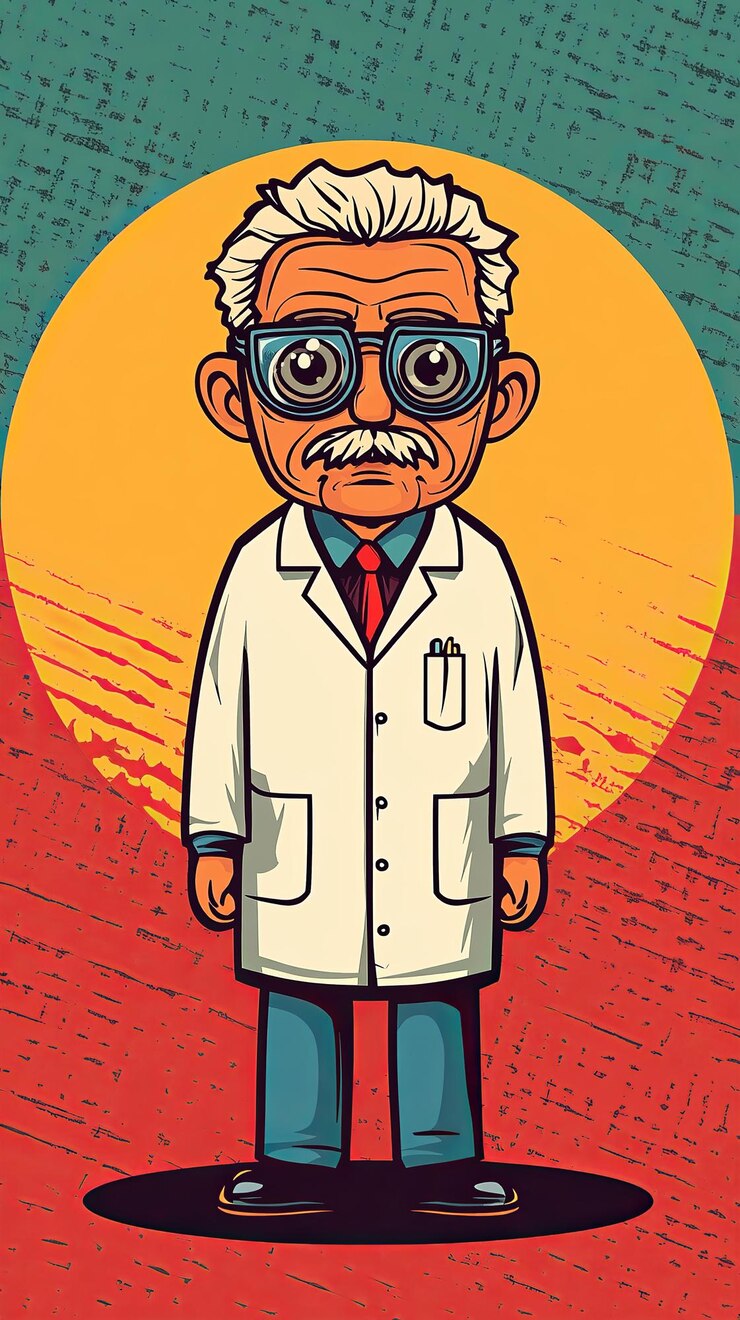 Foto um inventor excêntrico vestido com uma bata de laboratório exala carisma e inteligência num laboratório vibrante.
