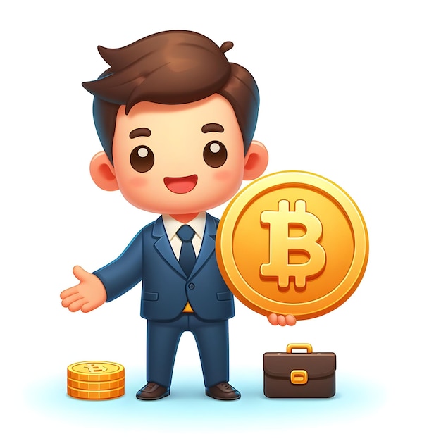 Um investidor de ícone plano 3D conceito de criptomoeda feliz Um homem segurando uma moeda Bitcoin física como um símbolo