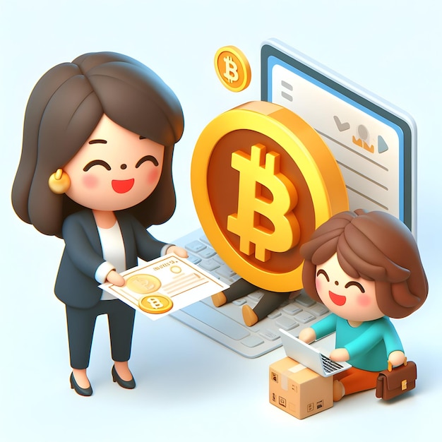 Um investidor de ícone plano 3D conceito de criptomoeda feliz Uma mulher comprando Bitcoin usando um pagador móvel