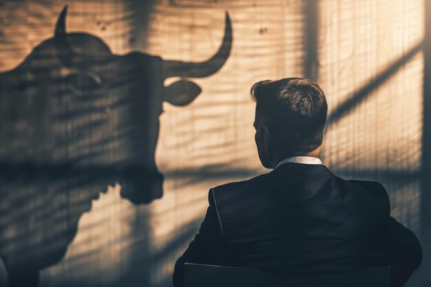 Foto um investidor focado com uma sombra de touro contemplando estratégias de bitcoin