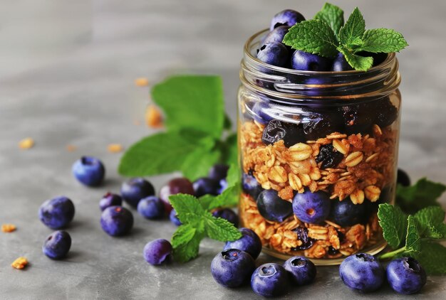 Foto um iogurte de mirtilo e granola perfeito em um frasco com folhas de hortelã