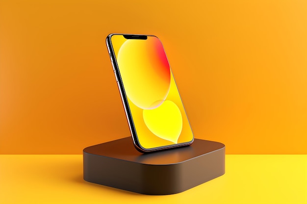 Um iphone amarelo e laranja com um círculo vermelho na frente.