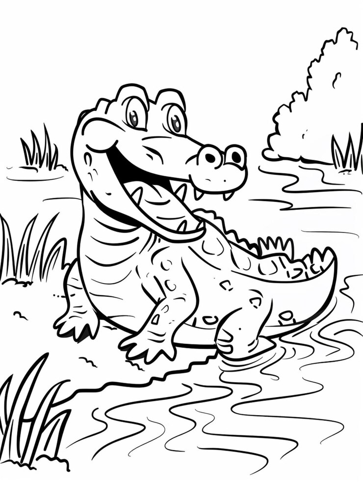 Foto um jacaré de desenho animado está nadando na água com um peixe generativo ai