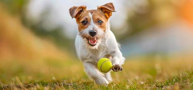 Um Jack Russell Terrier alegre correndo com uma bola de tênis em um parque ensolarado