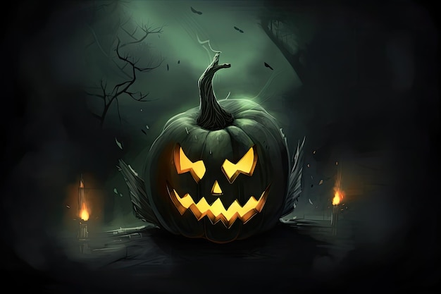 Um jackolantern em uma floresta escura