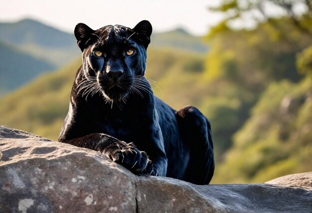 Foto um jaguar preto está sentado em uma rocha com o fundo atrás dele