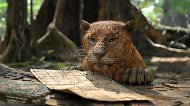 Foto um jaguarundi, um gato raro e esquivo, agacha-se num ramo de árvore na densa floresta tropical. seus olhos dourados estão fixos num mapa aberto diante dele.
