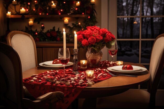 Um jantar romântico à luz de velas para dois adornado com flores e decorações em forma de coração