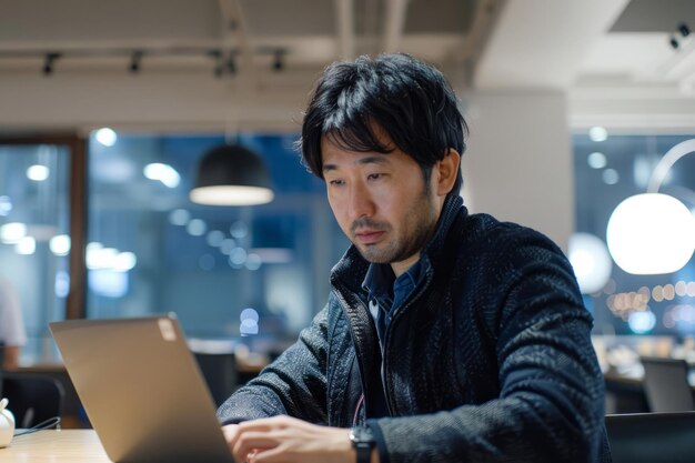 Um japonês motivado concentra-se em seu laptop em um escritório bem iluminado, exibindo sucesso e positividade em seu trabalho