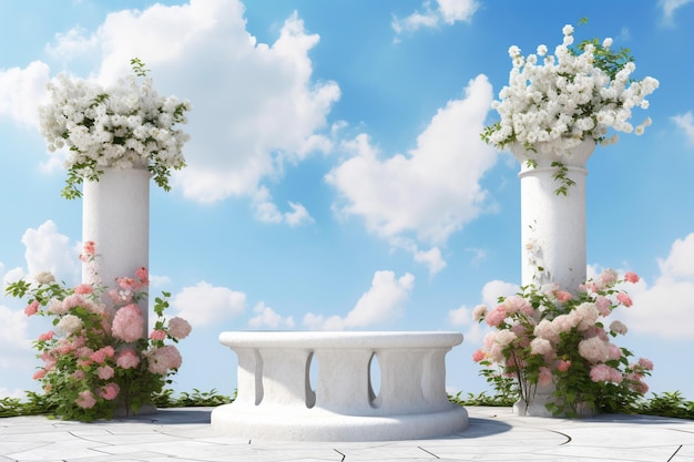 Um jardim branco com flores e uma mesa com um vaso de rosas