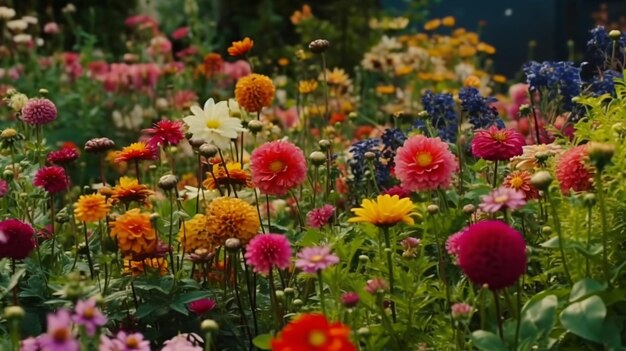 Um jardim cheio de muitas flores coloridas