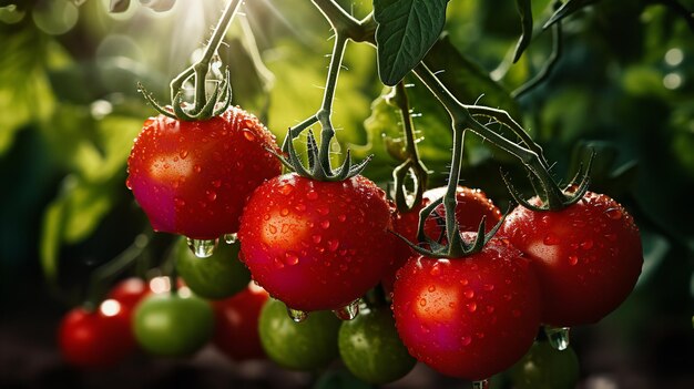 Um jardim cheio de tomates orgânicos maduros à espera de serem colhidos.