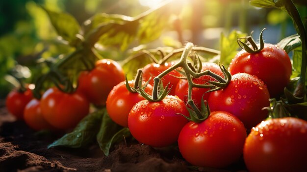 Um jardim cheio de tomates orgânicos maduros à espera de serem colhidos.