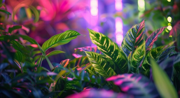 Foto um jardim coberto cheio de plantas verdes sob luzes coloridas