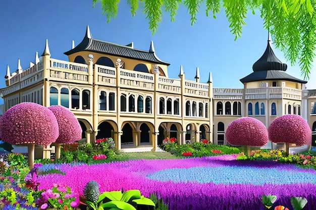 Um jardim colorido com um castelo ao fundo