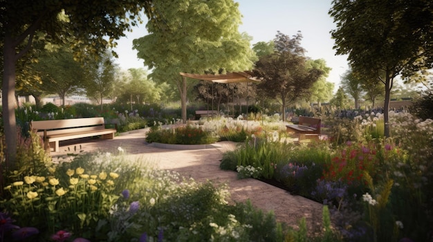 Um jardim com flores, árvores e bancos IA generativa