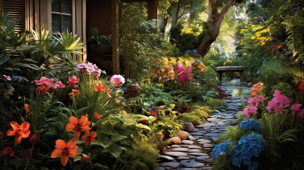 Um jardim com flores e um banco em primeiro plano.