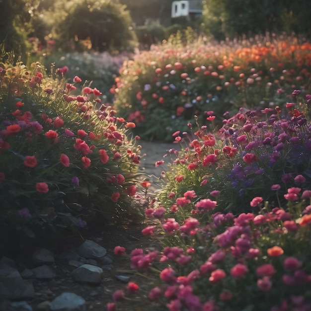 um jardim com flores e uma casa ao fundo