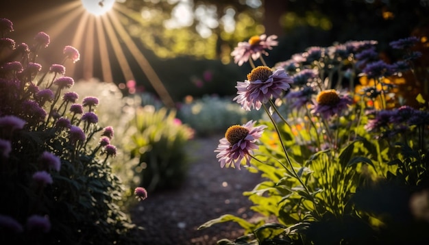 Um jardim com flores em primeiro plano e o sol brilhando por entre as árvores